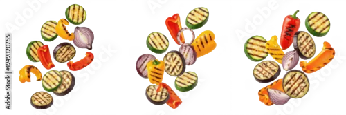 Obraz  z motywem Set of Falling Grilled Vegetables Slices Including Zucchini Peppers and Red Onions Isolated on White Background