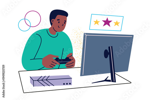 Flat cartoon male character playing video game, sitting in front of monitor with controller. Gaming hobby and console entertainment, gamer lifestyle vector illustration, isolated colored scene