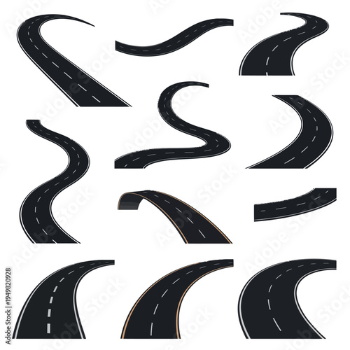 Winding empty asphalt highway in perspective with curved traffic lines isolated on transparent background vector art