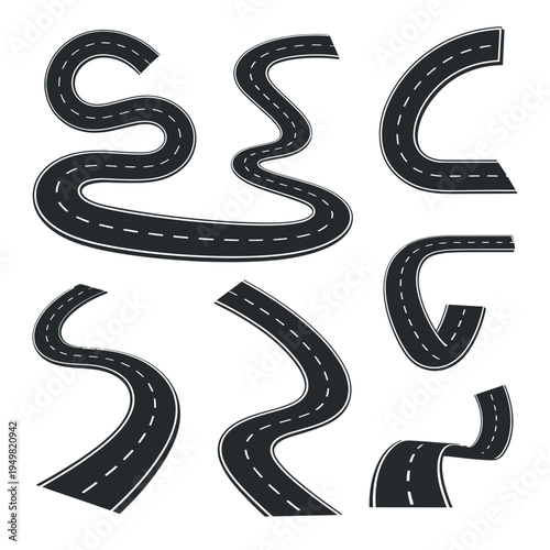 winding roads isolated on transparent background curved asphalt highway with white lines perspective vector illustration