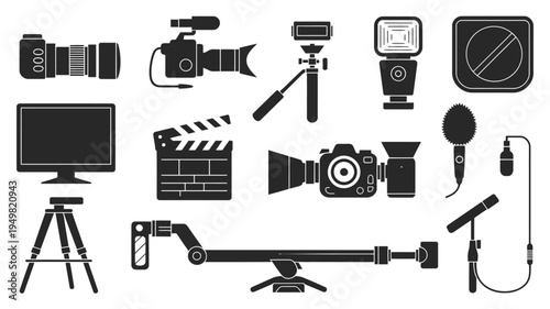 Black and white icons of film making equipment isolated on white background, Vector, illustration