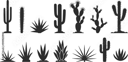Collection Of Black Silhouette Cacti And Succulent Plants In Desert Style cactus