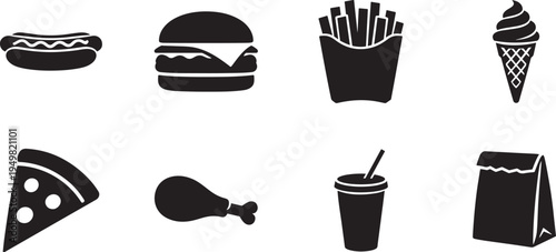 Fast food icon set with burger pizza fries drink hotdog outline silhouette style icon pack.