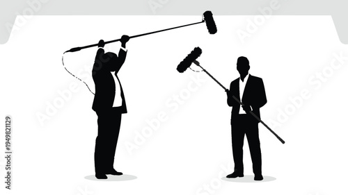 Two men in business suits holding boom microphones isolated on white background, Vector, illustration