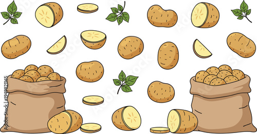 Comprehensive Hand Drawn Vector Collection of Fresh Potatoes Featuring Whole Tubers Slices Wedges and Large Burlap Sacks for Agricultural and Culinary Design Projects