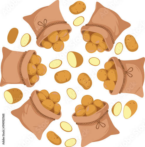 Hand Drawn Vector Illustration of Fresh Potatoes and Burlap Sacks Arranged in a Circular Composition for Agricultural and Culinary Food Design Proje