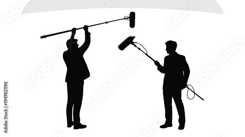 Two men holding microphones on poles isolated on white background, Vector, illustration