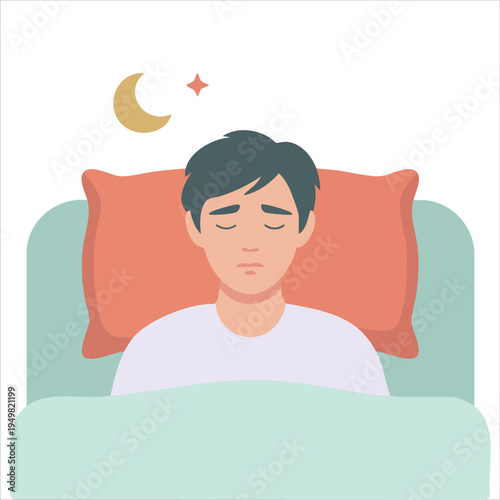 Insomniac man lying in bed unable to sleep with health problem concept vector