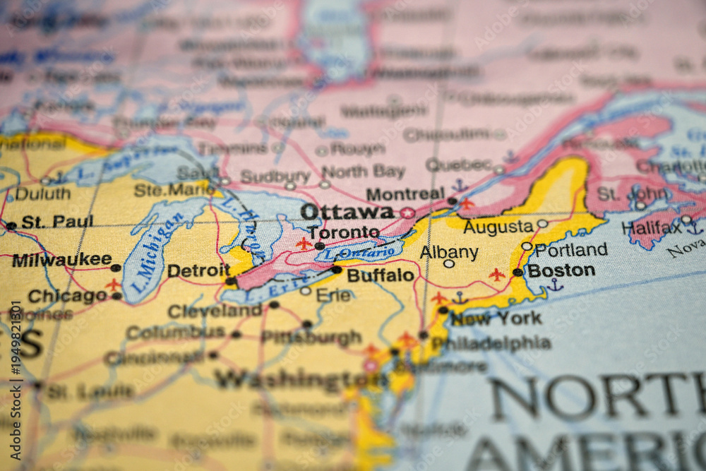 Fototapeta premium Toronto Canada Location on World Map with Defocused Background Geography Concept