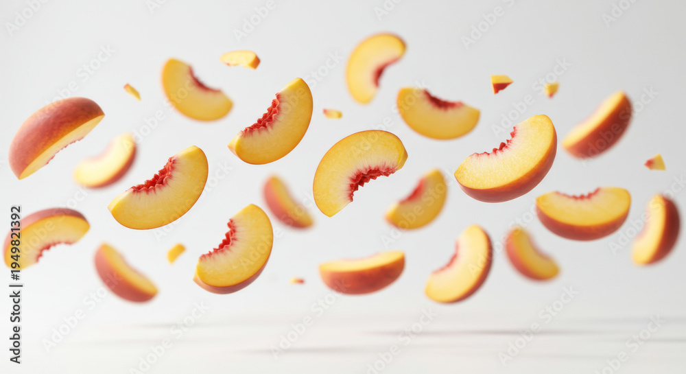Fototapeta premium Fresh Peach Slices in Mid-Air Against a White Background