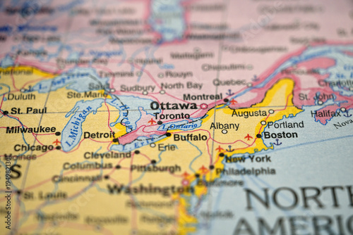 Toronto Canada Location on World Map with Defocused Background Geography Concept