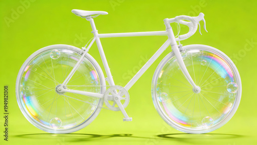 White bicycle with transparent wheels featuring rainbow reflections, set against a vibrant green background,Surreal Mobility Transport Concept