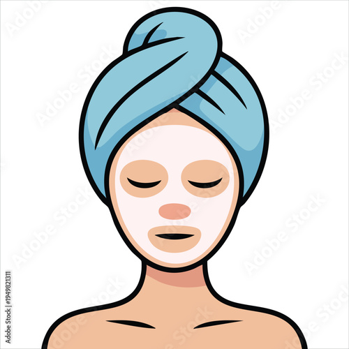 Beautiful woman with white mask and towel at cosmetologist appointment vector