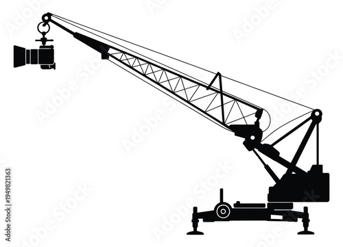A black silhouette of a mobile crane lifting a camera isolated on white background, Vector, illustration