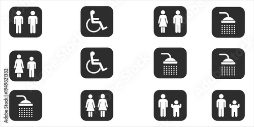 Collection of restroom and shower icons for men women disabled and families Keywords: icon, symbol, restroom, toilet, bathroom