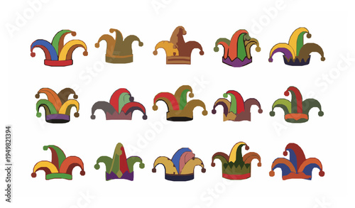 Colorful carnival jester hat vector set with playful medieval joker caps isolated on white background