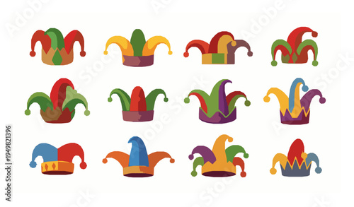 Decorative jester hat vector collection with bright carnival joker caps isolated on white background