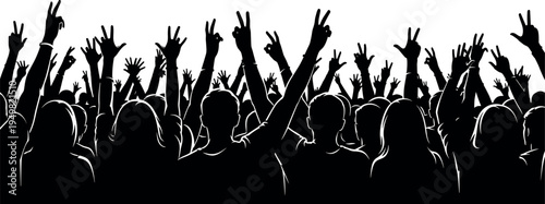 Cheering crowd silhouette with raised hands and victory gestures at concert or festival event isolated on white background representing excitement, celebration, audience energy and unity