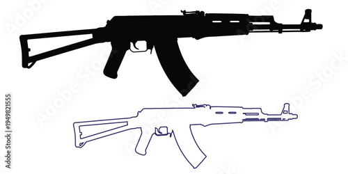 rifle silhouette and line drawing, vector art and whit background