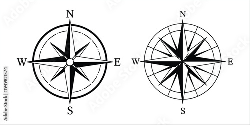 Two black and white compass rose designs with cardinal directions Keywords: compass, rose, direction, north, south, east, west