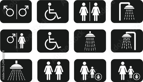 Collection of restroom and shower icons for men women disabled and families restroom icon toilet icon