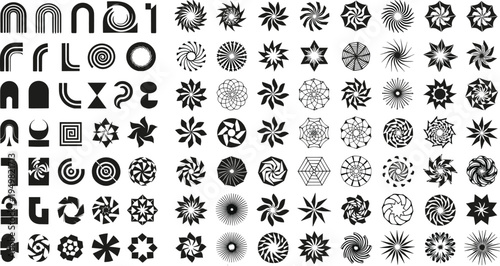 Mega collection of abstract geometric starburst icons featuring radial spirals mandalas flower shapes and sunburst silhouettes for creative graphic design