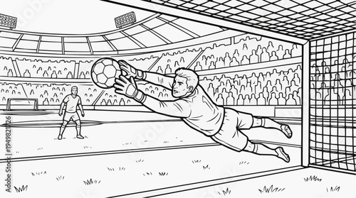 Coloring page for children - a football goalkeeper catches a ball in flight at a stadium during a match