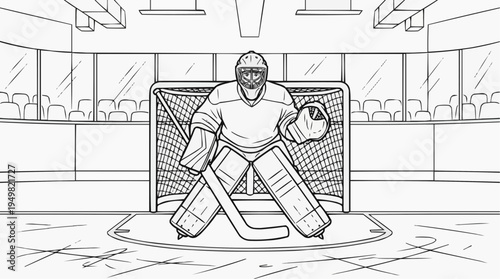 Coloring page for children - a hockey goalkeeper in full gear preparing to defend the goal