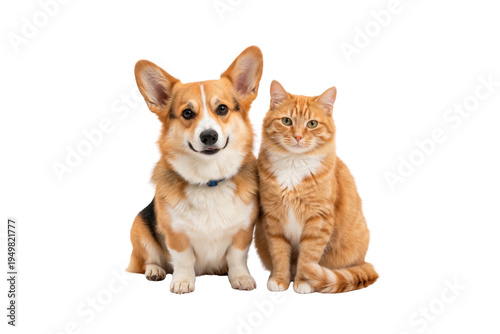 Corgi dog with orange cat sitting together, friendship animals isolated on white background, PNG