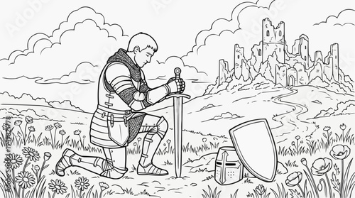 Coloring page for children - a knight in full plate armor is kneeling in the middle of a field after a difficult battle