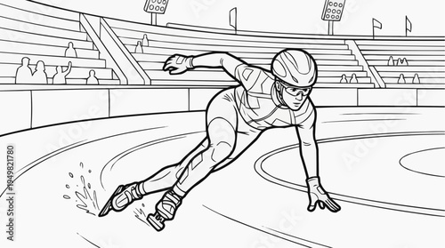 Coloring page for children - a short track speed skater in racing gear leans into a sharp turn