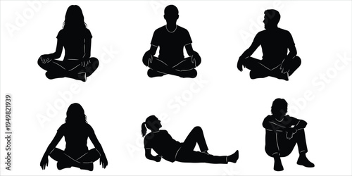 Silhouettes of six people in various seated and reclining poses on white person human