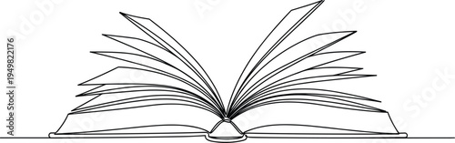 Continuous one line drawing of an open book with fluttering pages, minimalist black and white vector art for education concepts.