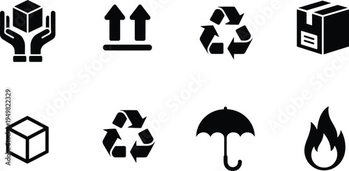 Collection of Black Shipping and Handling Icons on White Background symbol package