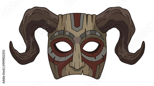 A vibrant illustration of a decorative bull mask with horns and red accents.
