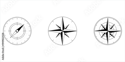 Three Black And White Compass Rose And Navigation Symbols On White Background direction north