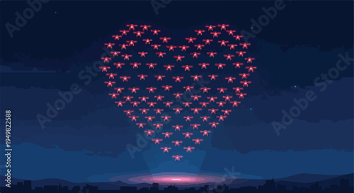 Drones in the night sky form a glowing heart over a city silhouette