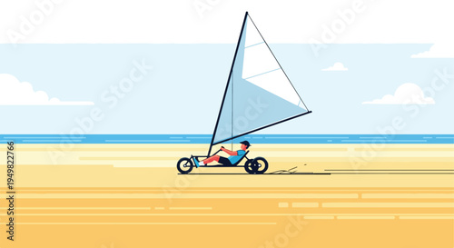 A person sails a land yacht along a sandy beach beside the ocean