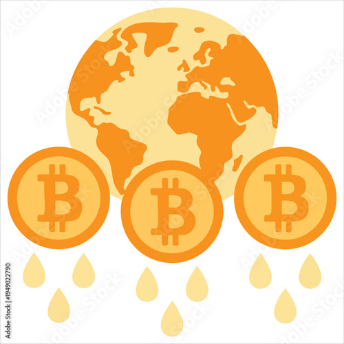 Bitcoin melting world map for cryptocurrency concept illustration