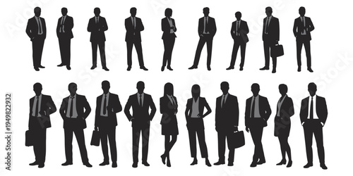 Large group of business people silhouettes in suits and ties on white background women