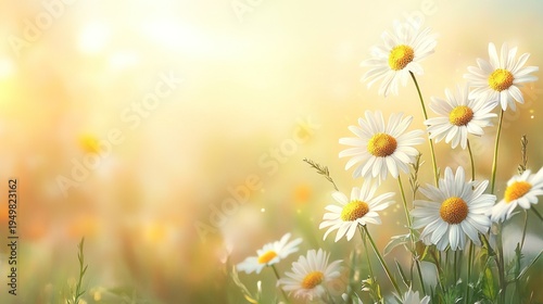 Vibrant White Daisies Illuminated by Golden Sunlight in a Gentle Meadow
