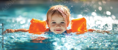 Happy child swimming with orange float in pool.
