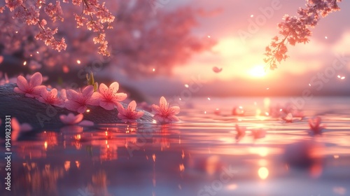 Dreamy Pink Cherry Blossoms Floating on Water at Sunset