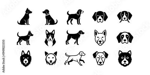 Collection of dog logos in modern vector style, perfect for pet shops, veterinary clinics, dog training services, and animal branding.
