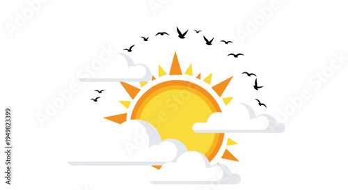Vector sunny weather icon with clouds and birds