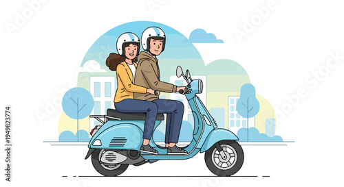 A couple enjoys a ride on a light blue scooter through a city park