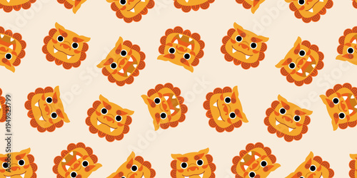 沖縄のシーサーの顔のシームレス背景画像。
