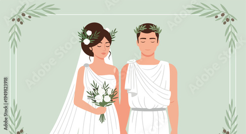 A stylized depiction of a bride and groom in ancient Greek attire, holding a bouquet