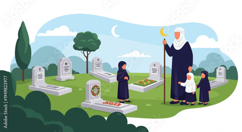 Family visits graves in a serene cemetery under a crescent moon and clouds