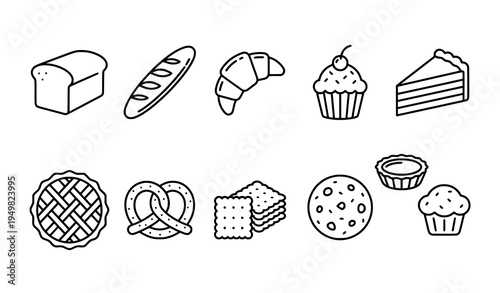 Bread pastry and dessert outline icons bakery thin line food vector collection